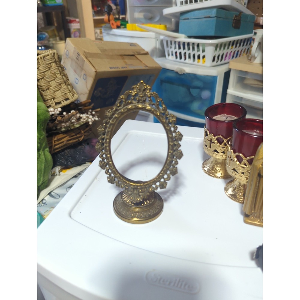 Vintage Metal Ornate Art Nouveau Style Picture/Mirror Stand Frame Oval Tilt